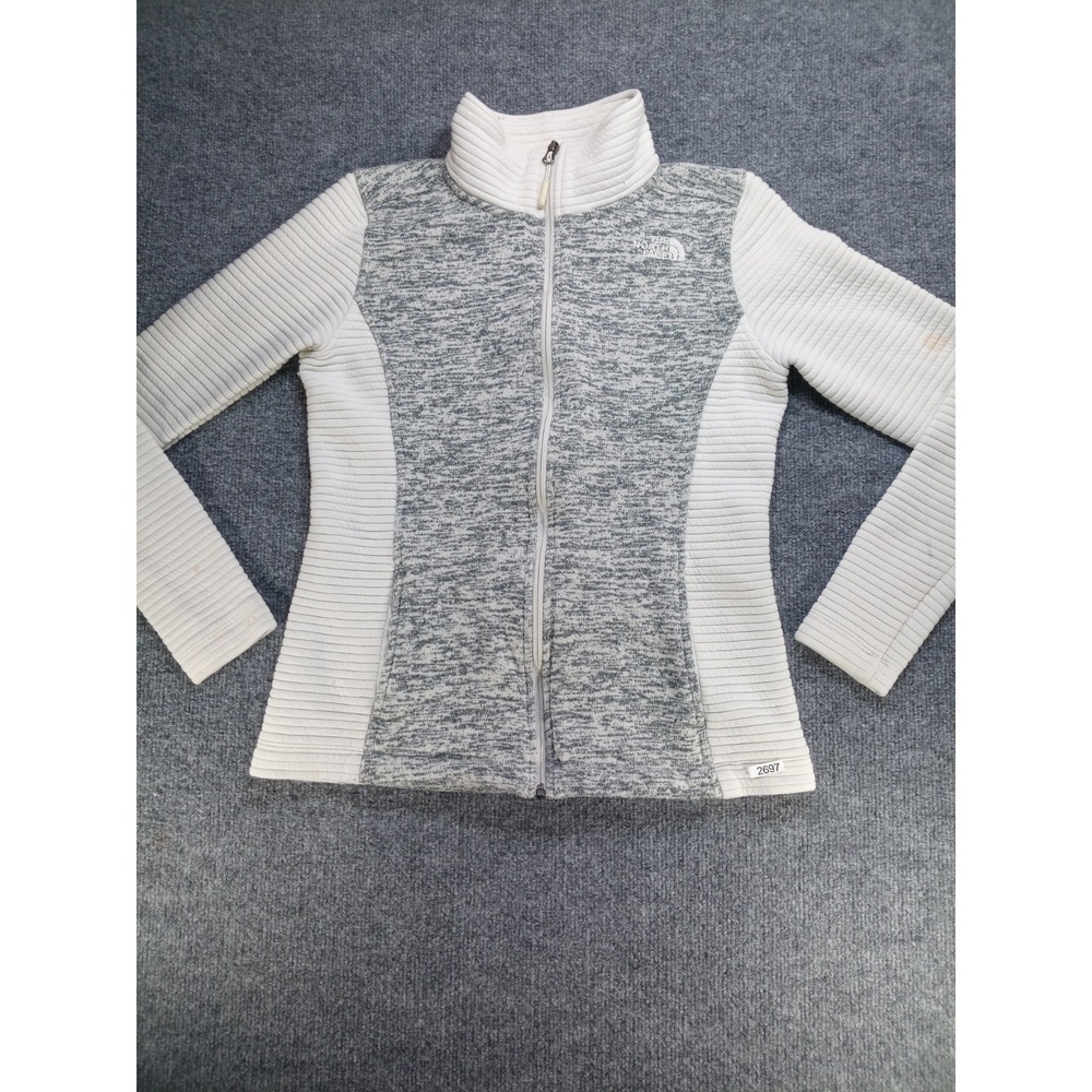 The North Face Women's Small Full Zip Jacket Gray White Ribbed Knit Stain S